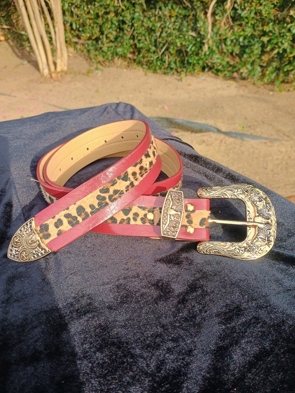Women's Red Leopard Print Belt with Ornate Gold Western Buckle